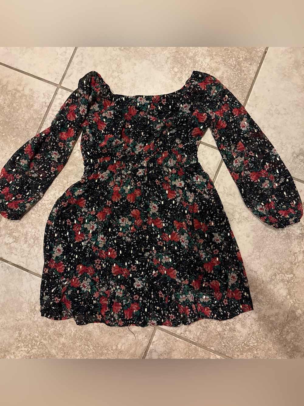 Trixxi Black Floral Smocked Waist Long Sleeve Dress